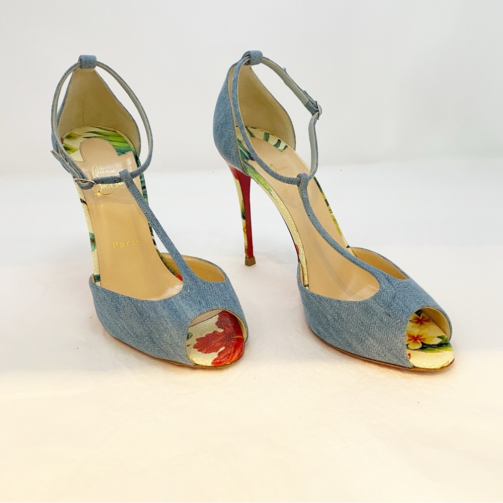 Christian Louboutin Senora 100 T-Strap Sandal Denim EU 39.5 | Red Sole